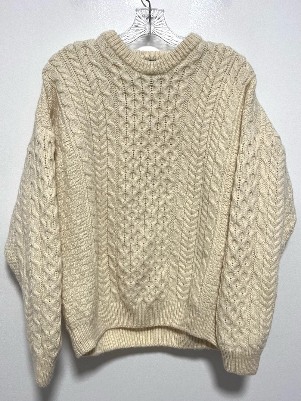 Aran 100% Wool Fisherman Chunky Cable Knit Cream Crew Neck Sweater Large